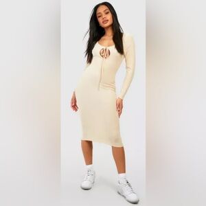 Boohoo Beige Ribbed Keyhole Bow Midi Bodycon Dress Y2K